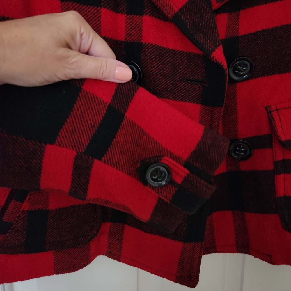 American Eagle Red Black Plaid Wool Peacoat Fall Winter Preppy Cabincore Cozy - Picture 5 of 11